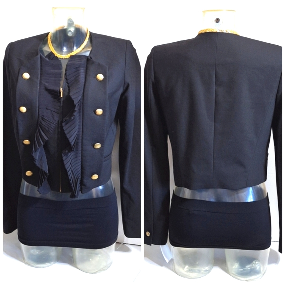 Marchesa Voyage Black Ruffle Nautical Band-Style Cropped Blazer